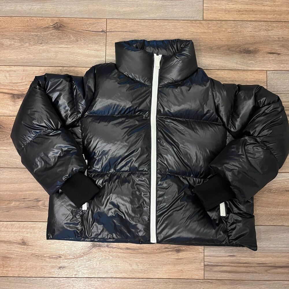 NWT Banana Republic Black Shiny Down Quilted Puffer Jacket Cropped Women's L